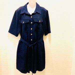 Trina Turk navy blue shirt dress with belt.